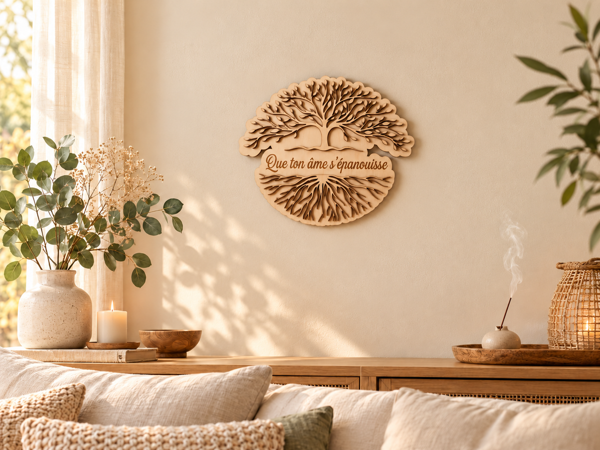 Arbre de Vie en bois personnalisé – Décoration murale zen – Enseigne cabinet Reiki, thérapeute, naturopathe – Cadeau spirituel