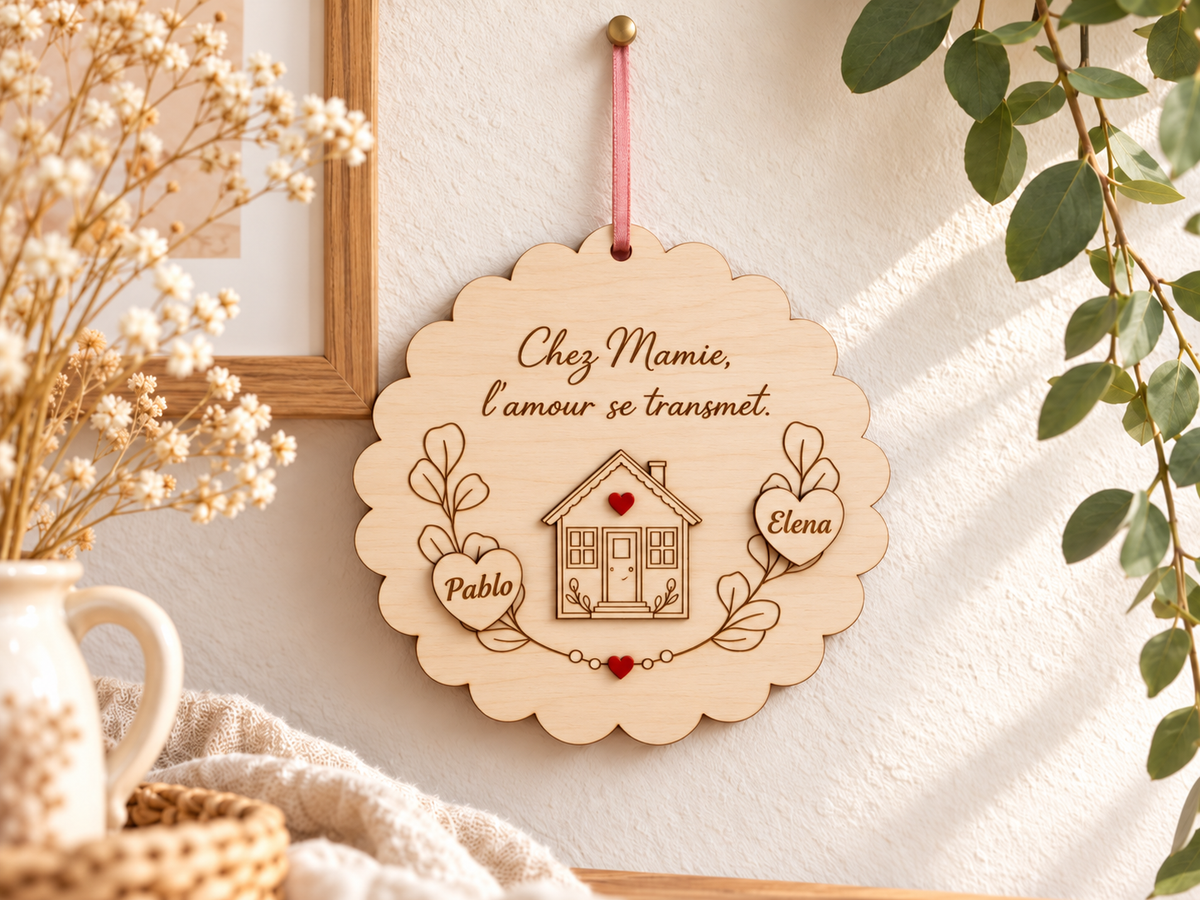 Plaque en bois personnalisée – Chez Mamie, l’amour se transmet
