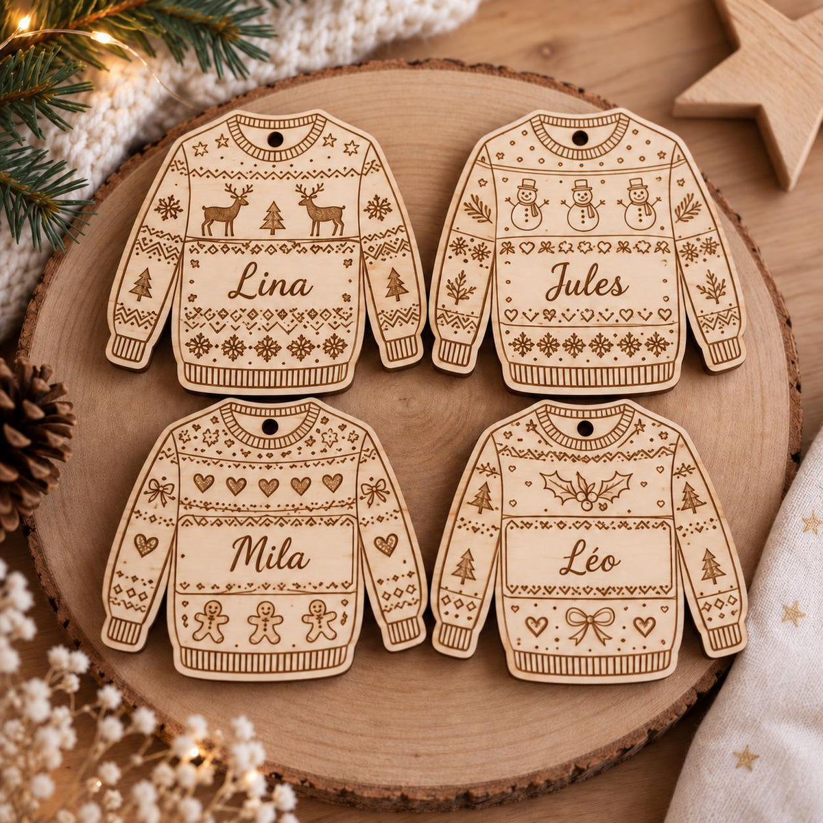 Pull de Noël personnalisé en bois – Décoration sapin prénom – Boule de Noël originale – Ornement de Noël gravé
