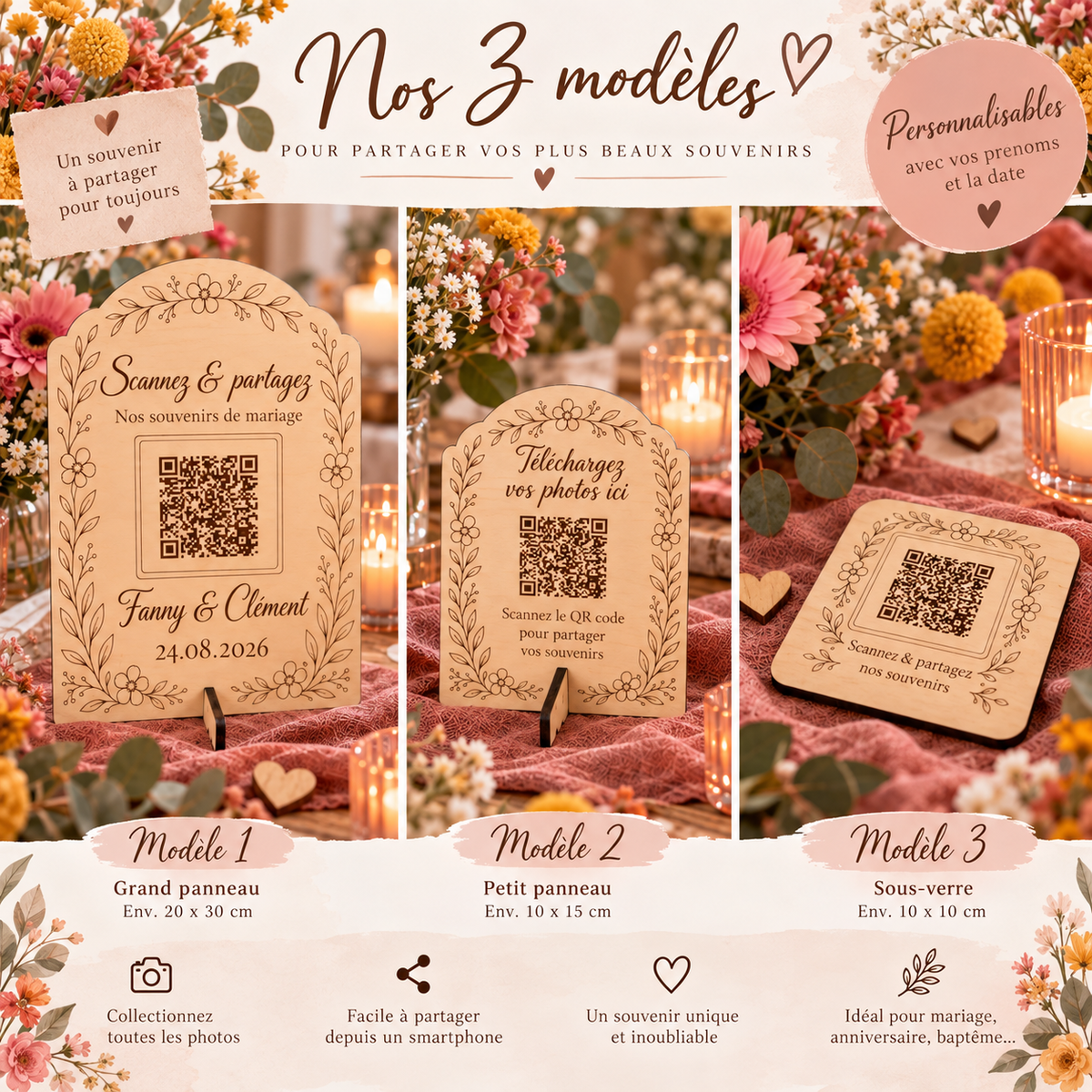 QR Code mariage en bois personnalisé –