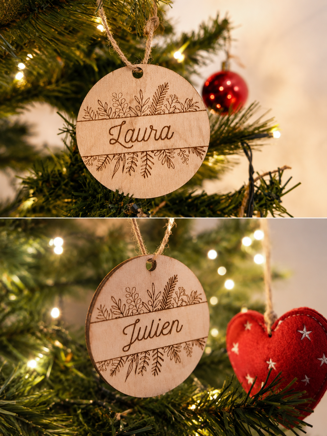 Boule de Noël personnalisée en bois – Prénom gravé