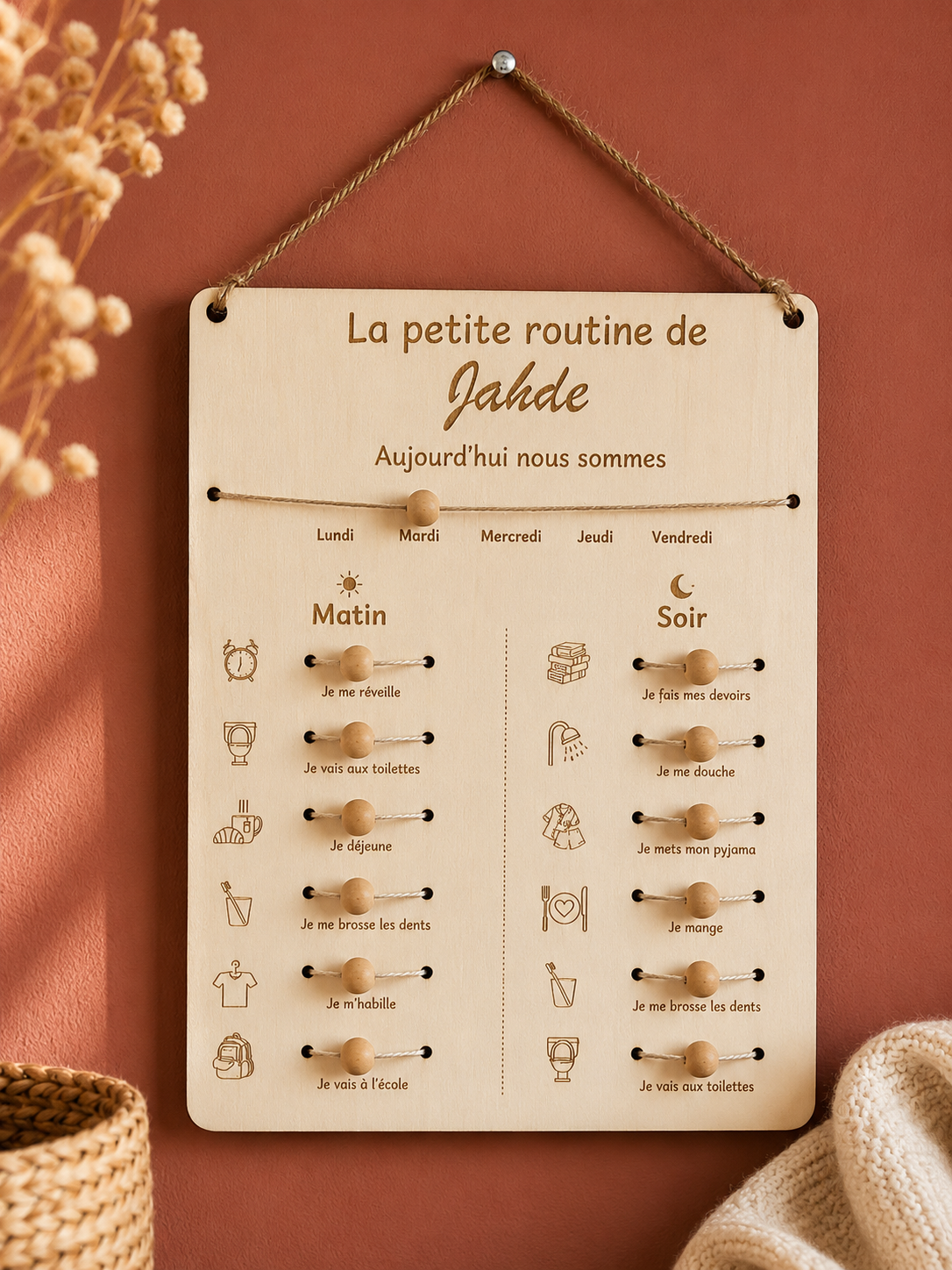 Tableau routine enfant personnalisé en bois