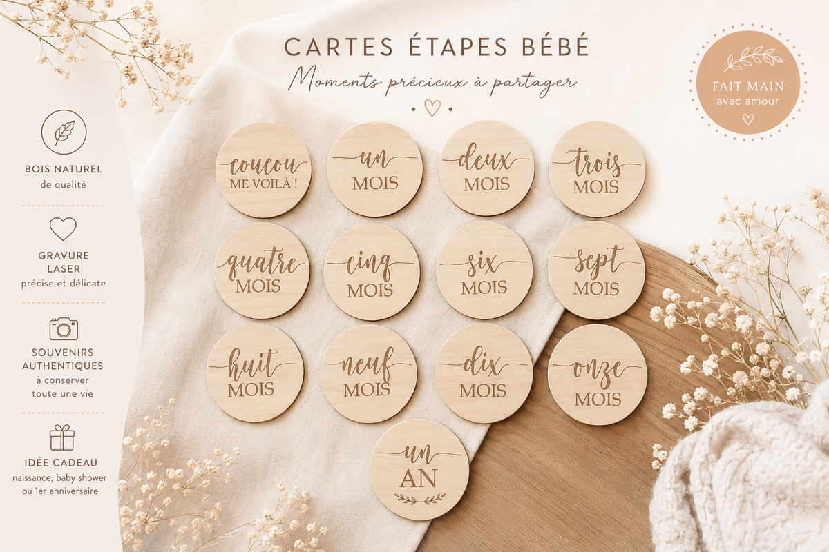 Cartes Étapes Bébé en Bois Personnalisées