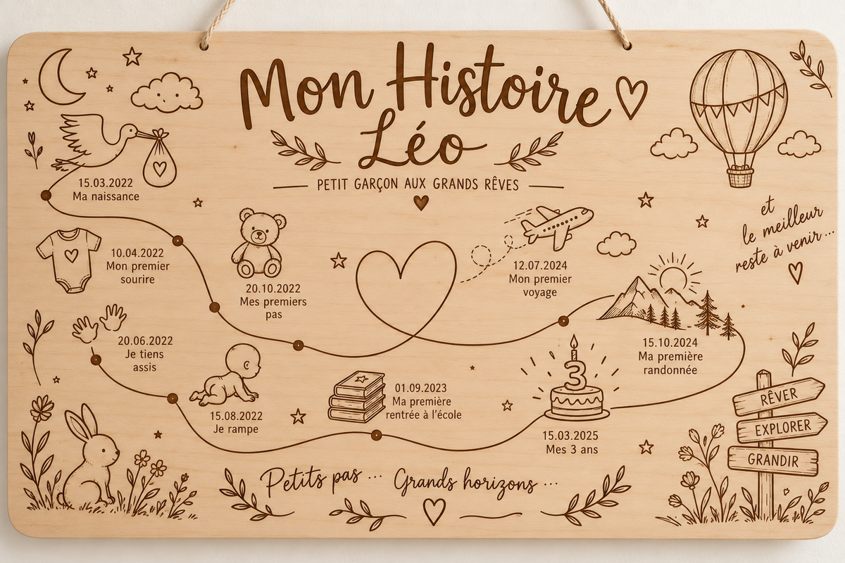Mon histoire personnalisée enfant en bois – Frise de vie personnalisable – Plaque souvenirs naissance – Cadeau enfant – Décoration chambre