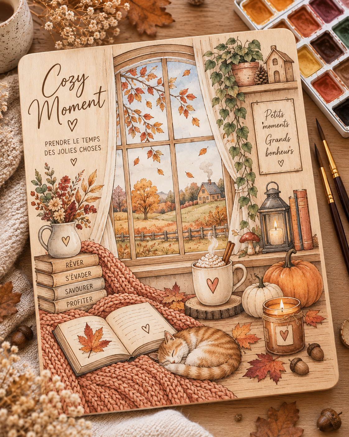 Kit aquarelle sur bois Cozy Moment – Plaque à peindre automne – Activité créative adulte