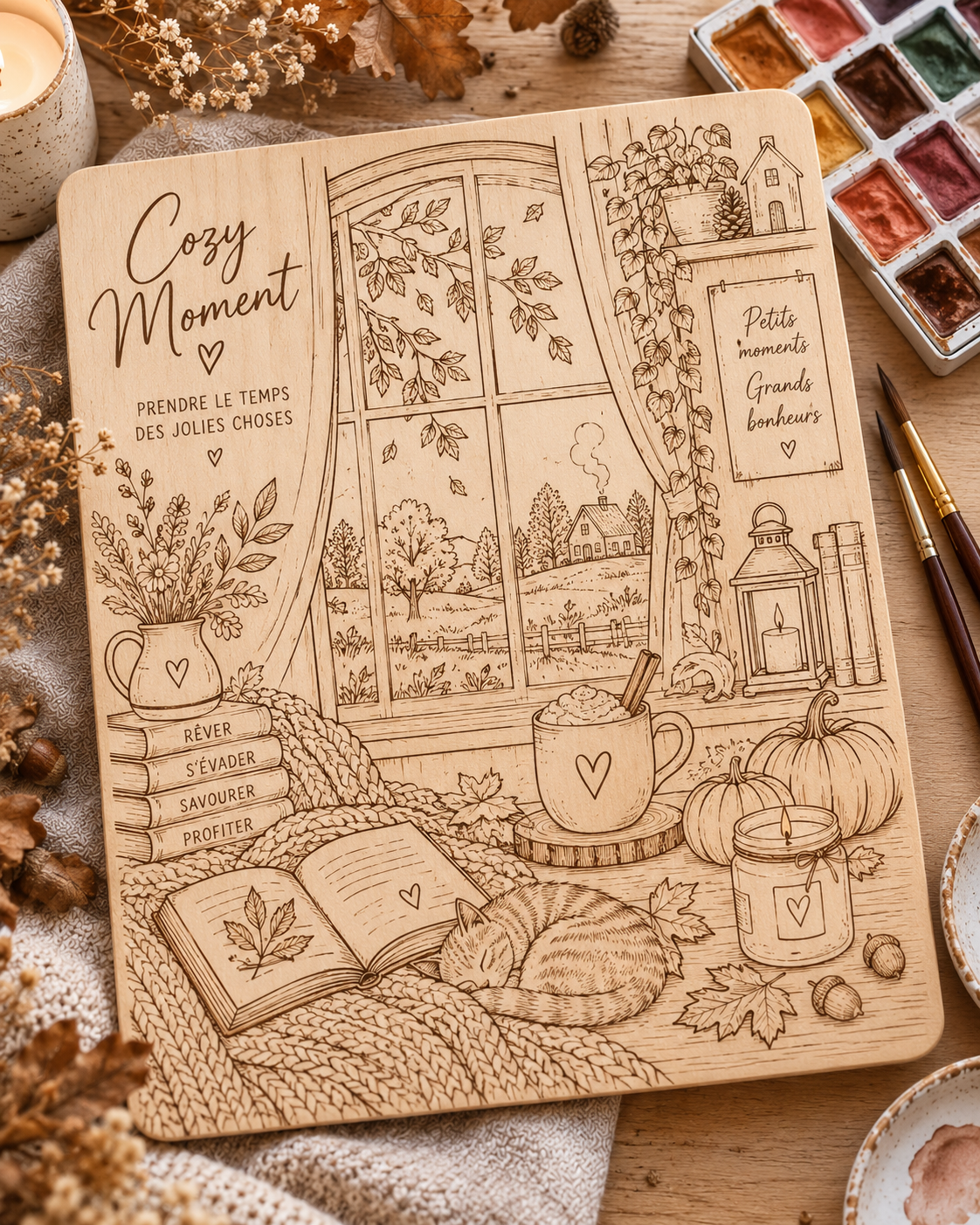 Kit aquarelle sur bois Cozy Moment – Plaque à peindre automne – Activité créative adulte