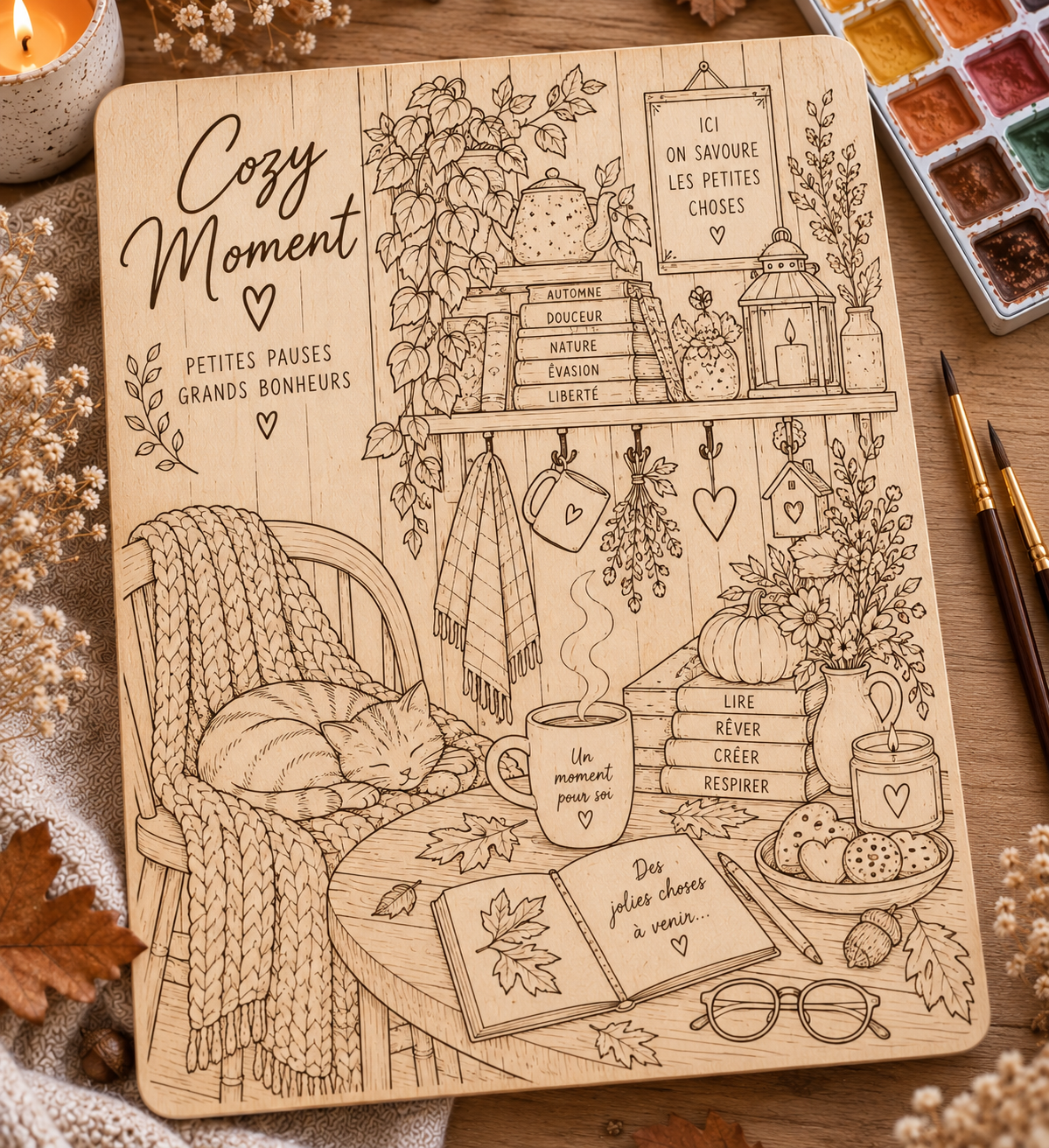 Kit aquarelle sur bois Cozy Moment – Plaque à peindre automne – Activité créative adulte