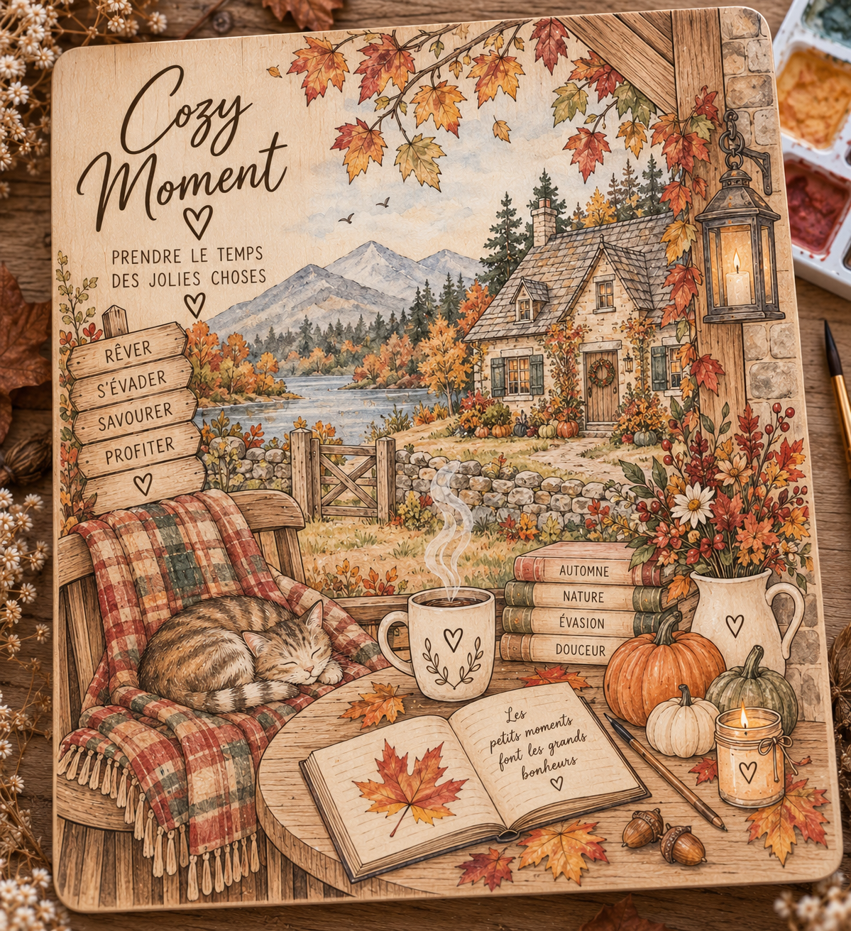 Kit aquarelle sur bois Cozy Moment – Plaque à peindre automne – Activité créative adulte