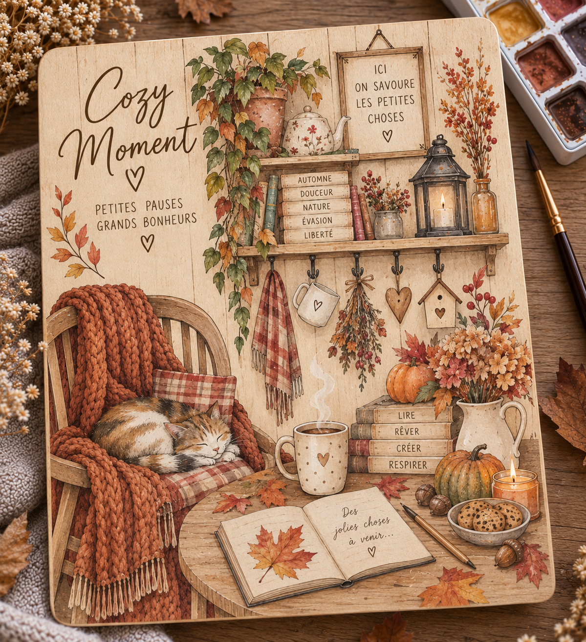 Kit aquarelle sur bois Cozy Moment – Plaque à peindre automne – Activité créative adulte