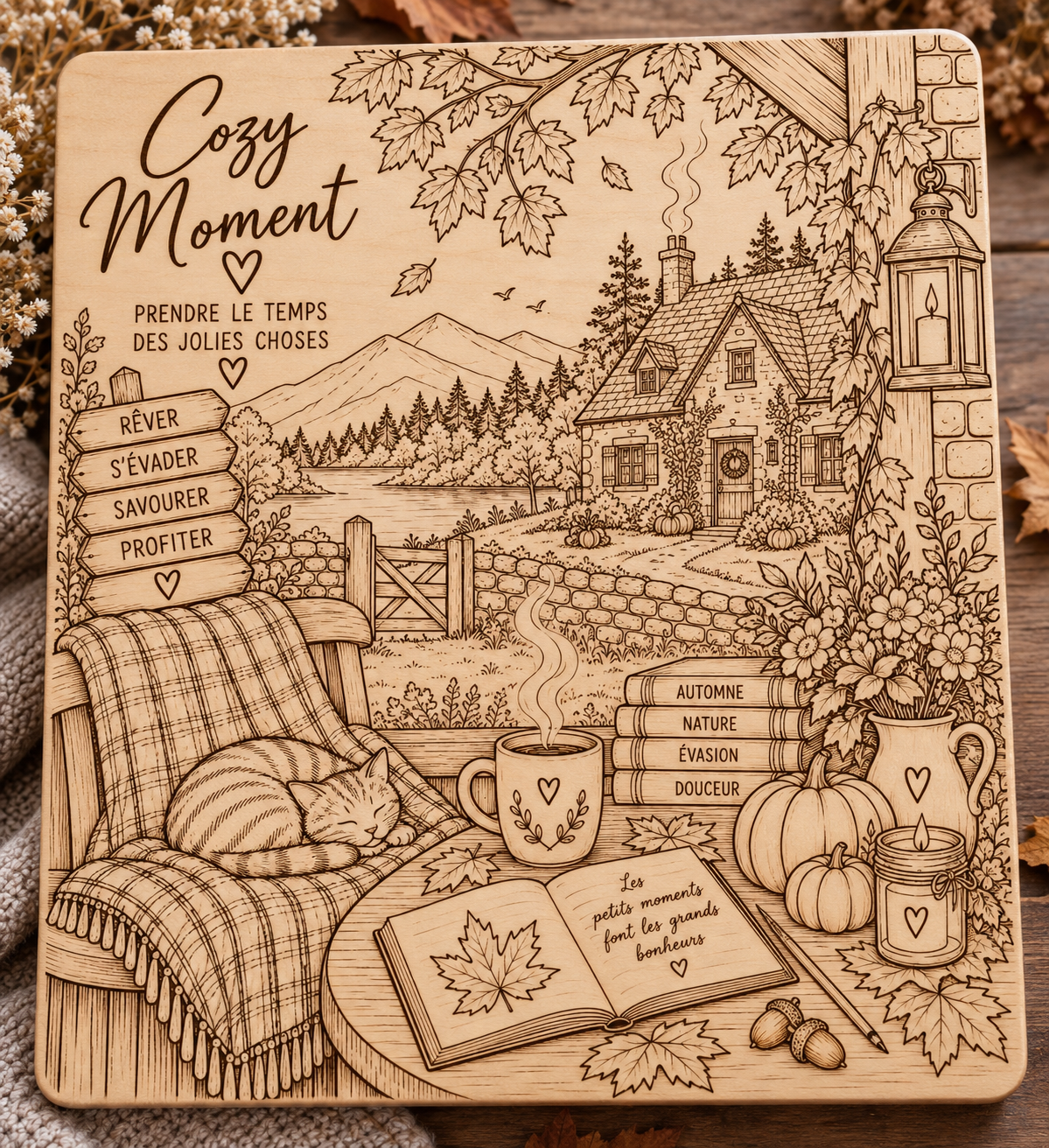 Kit aquarelle sur bois Cozy Moment – Plaque à peindre automne – Activité créative adulte