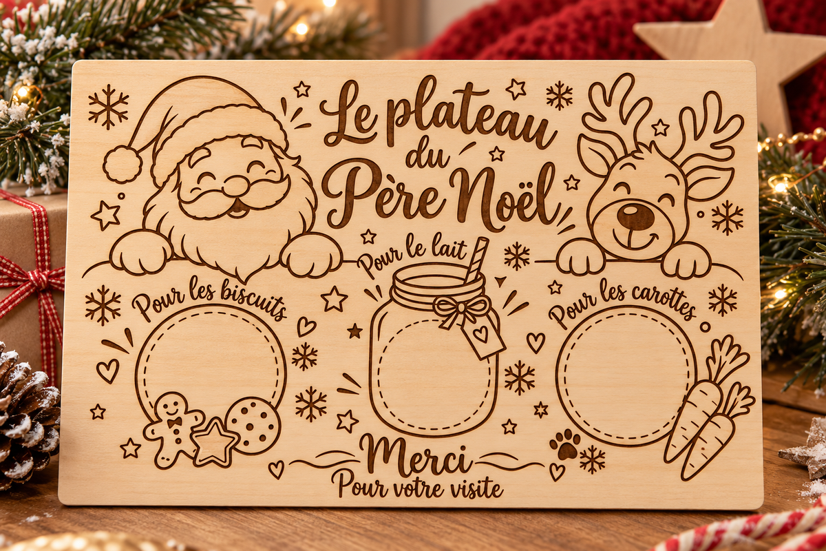 Plateau du Père Noël en bois – Plateau biscuits lait carottes