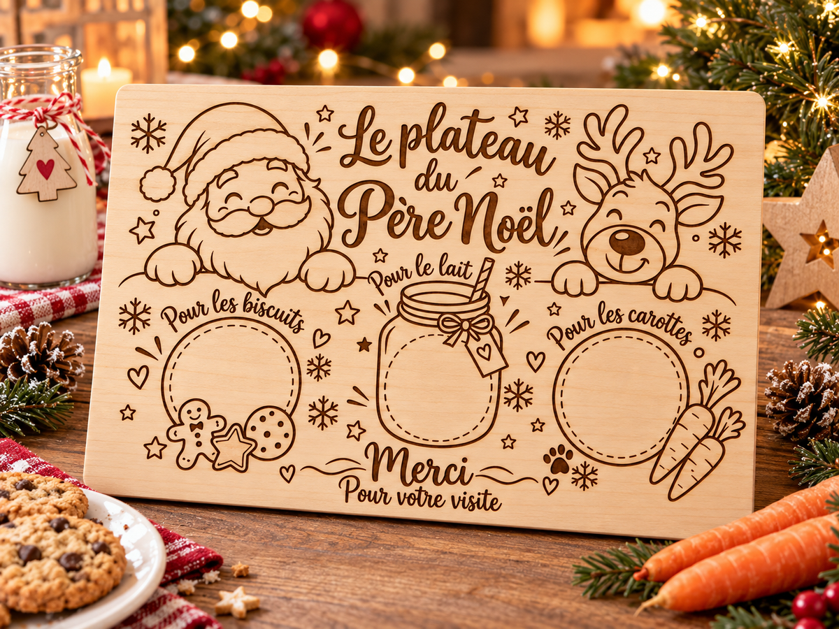 Plateau du Père Noël en bois – Plateau biscuits lait carottes