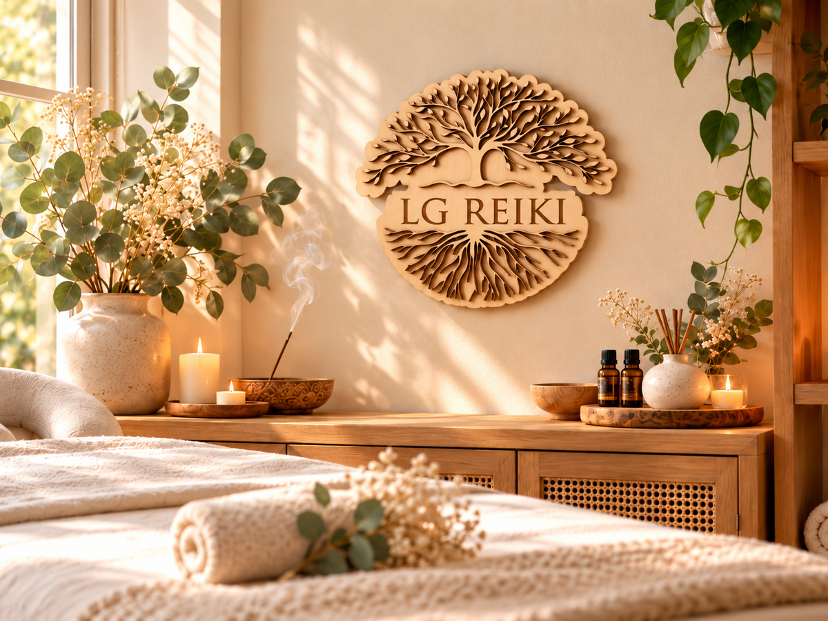 Arbre de Vie en bois personnalisé – Décoration murale zen – Enseigne cabinet Reiki, thérapeute, naturopathe – Cadeau spirituel
