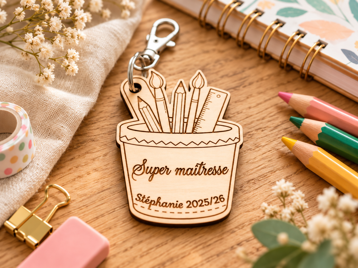 ✏️ Porte-clés personnalisé en bois – Super Maîtresse & Super ATSEM 🌸
