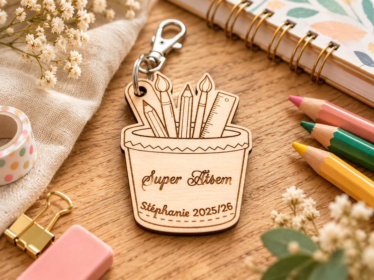 ✏️ Porte-clés personnalisé en bois – Super Maîtresse & Super ATSEM 🌸
