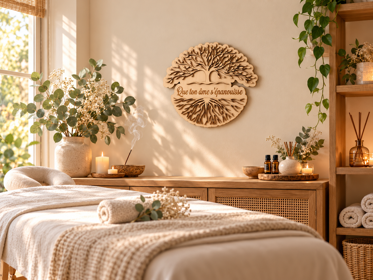 Arbre de Vie en bois personnalisé – Décoration murale zen – Enseigne cabinet Reiki, thérapeute, naturopathe – Cadeau spirituel