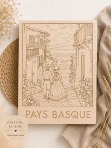Tableau en bois gravé – Pays Basque | Décoration murale | Souvenir du Pays Basque | Cadeau voyage | Fabrication artisanale