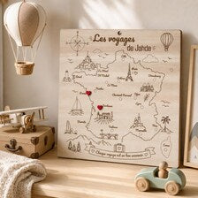 Carte de France en bois personnalisée – Mes voyages depuis que je suis né