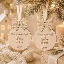 Boule de Noël personnalisée en bois – Prénom gravé
