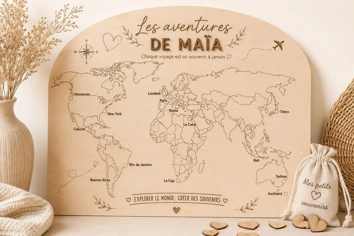 Carte du monde personnalisée en bois – Mes voyages – Carte souvenir enfant
