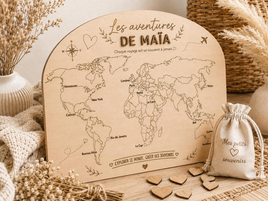 Carte du monde personnalisée en bois – Mes voyages – Carte souvenir enfant