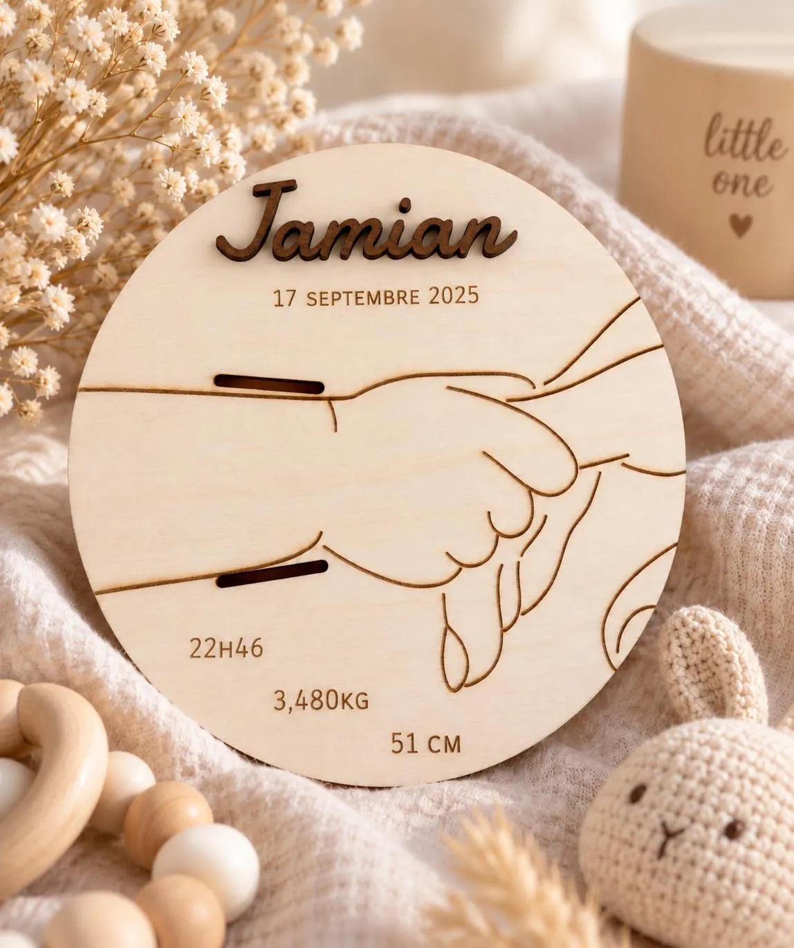 Plaque de naissance personnalisée en bois – Prénom en relief