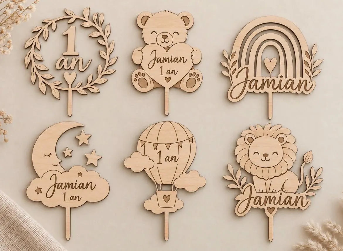 Cake topper anniversaire personnalisé en bois – Prénom au choix