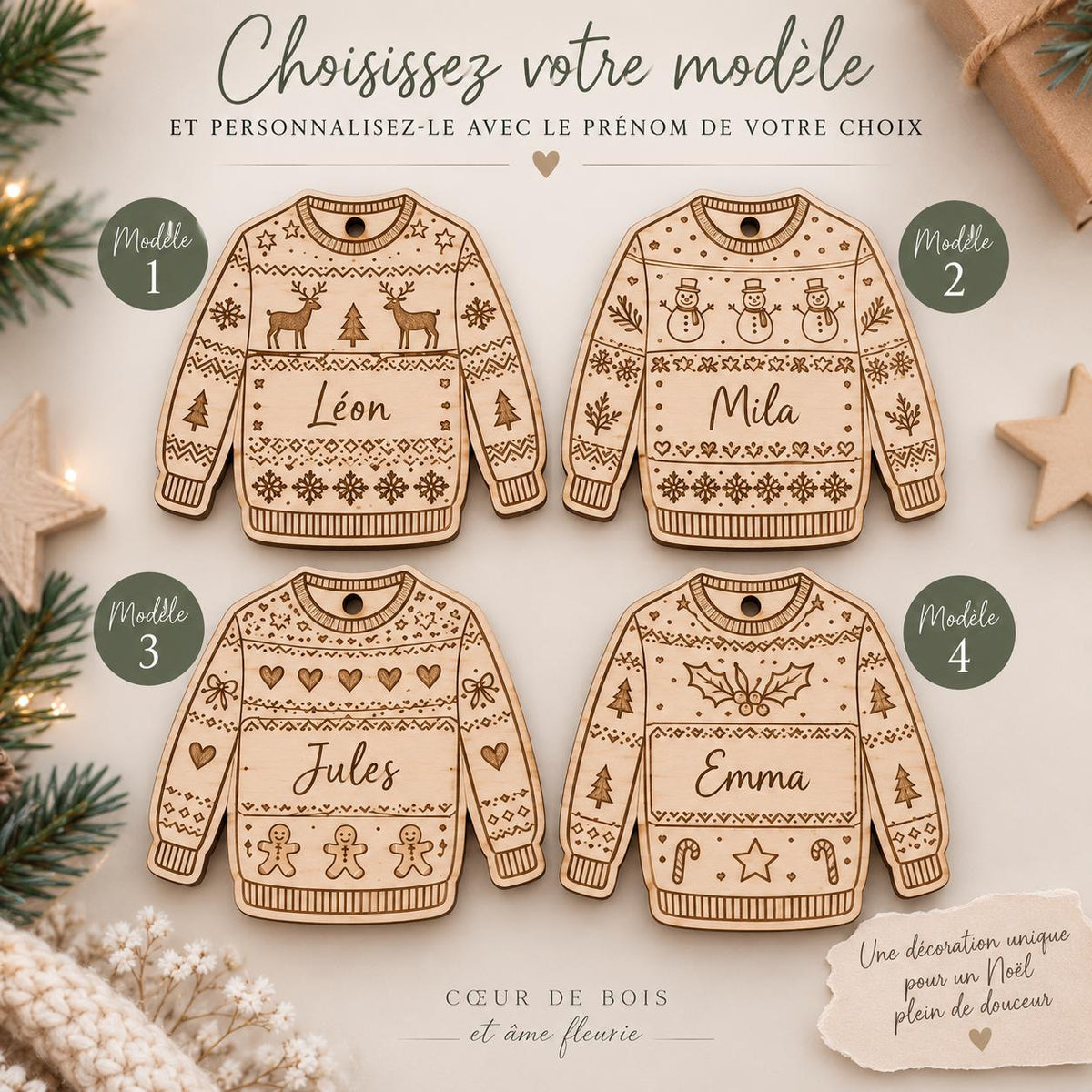 Pull de Noël personnalisé en bois – Décoration sapin prénom – Boule de Noël originale – Ornement de Noël gravé