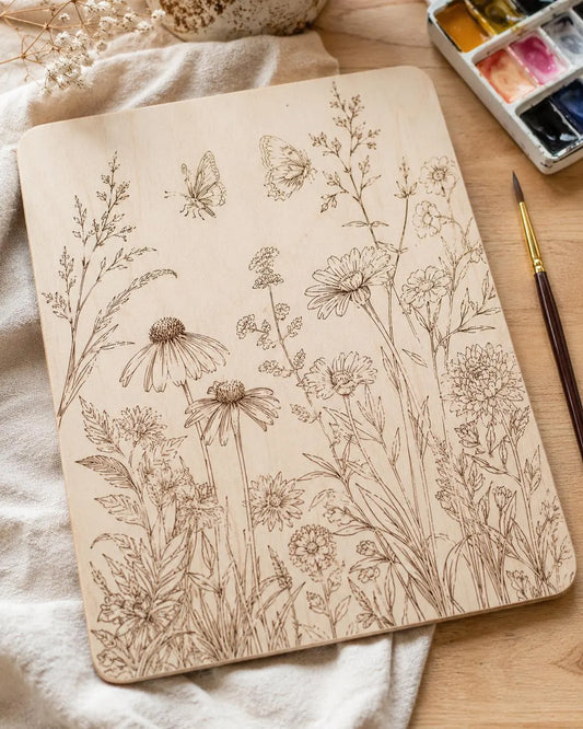 Plaque en bois à peindre aquarelle – Fleurs sauvages et papillons – Activité créative adulte – Kit DIY peinture
