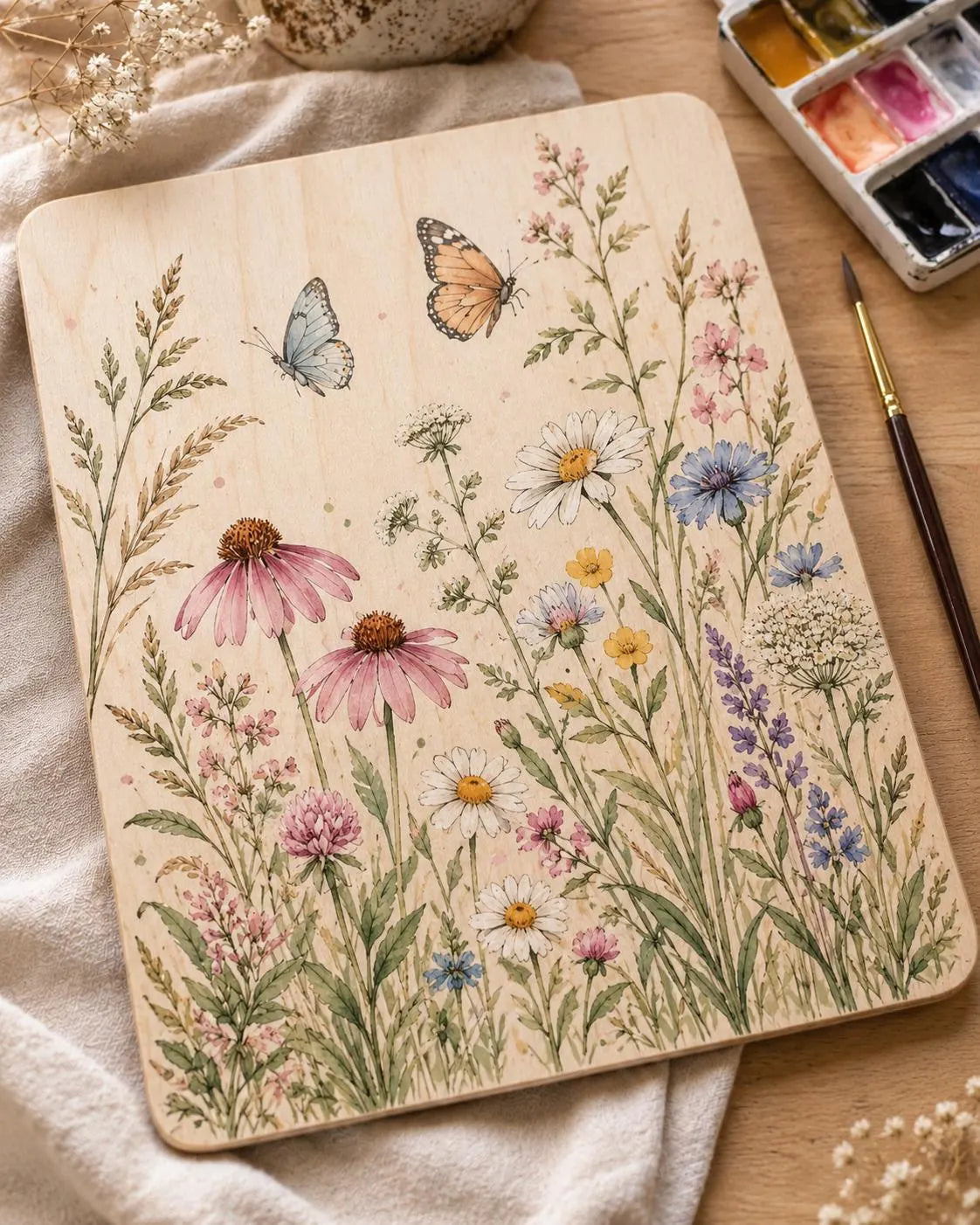 Plaque en bois à peindre aquarelle – Fleurs sauvages et papillons – Activité créative adulte – Kit DIY peinture