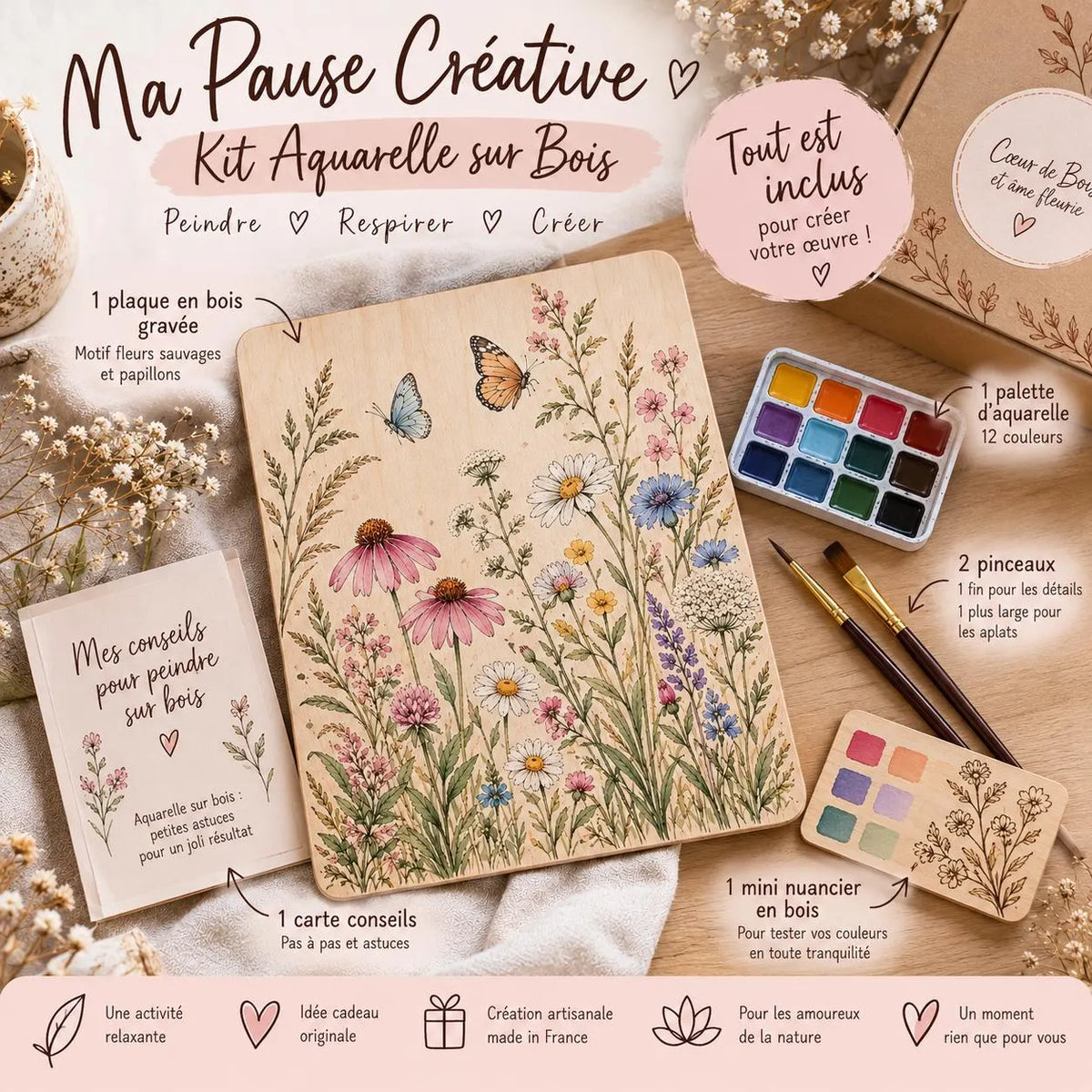 Plaque en bois à peindre aquarelle – Fleurs sauvages et papillons – Activité créative adulte – Kit DIY peinture