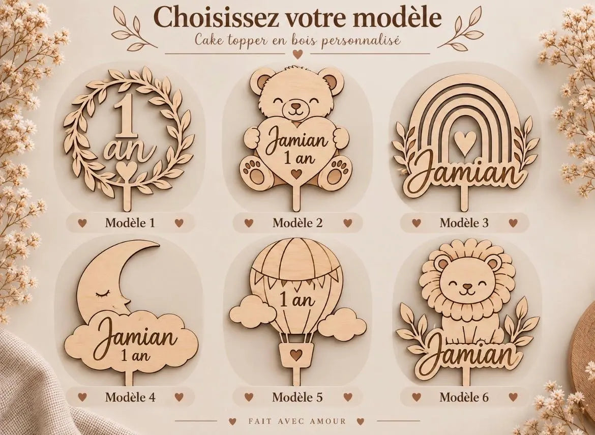 Cake topper anniversaire personnalisé en bois – Prénom au choix